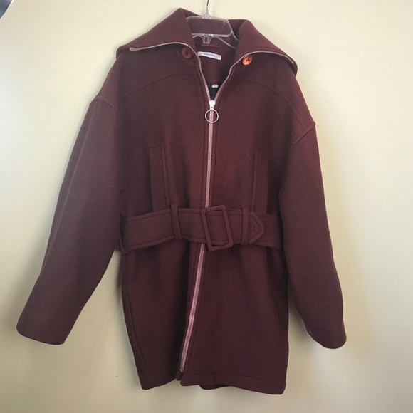 CARVEN France Oversized Wool Coat Jacket Belt Zip Front Hood Collar Pockets Rare - Picture 8 of 16